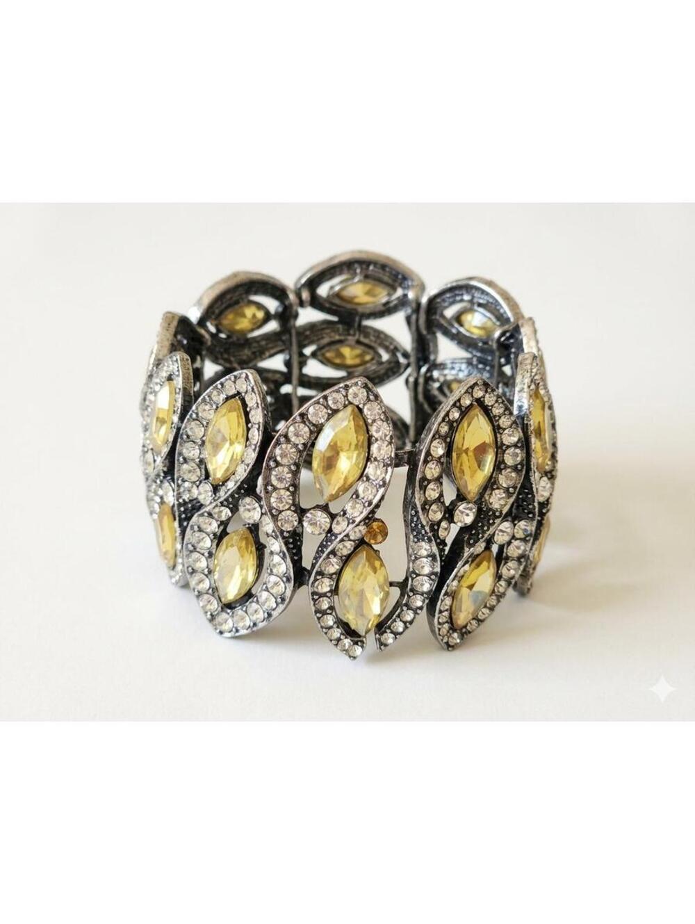 Vintage Yellow Crystal Cuff Bracelet,Antique Silver Rhinestone Bracelet,Art Deco